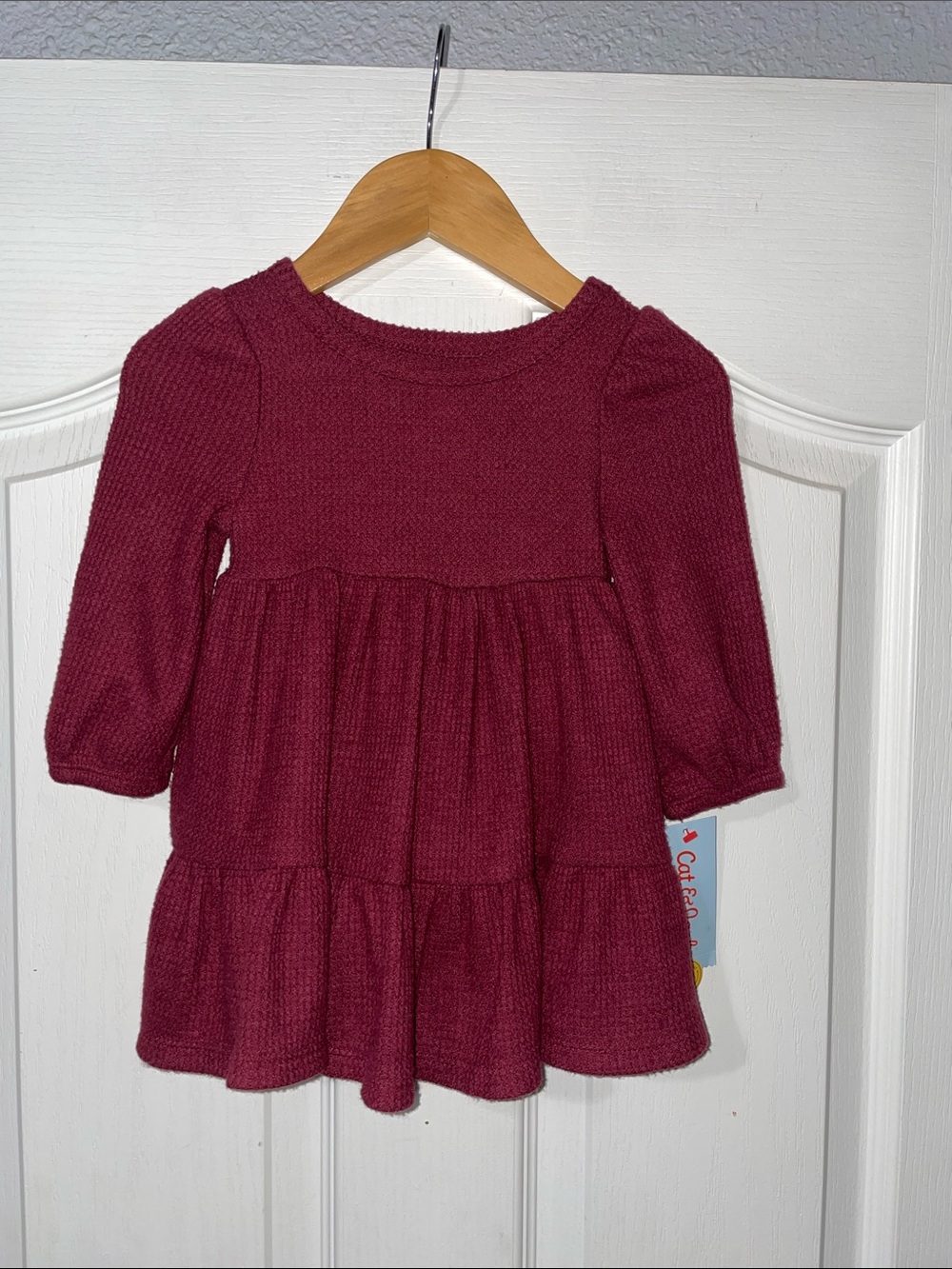 NWT Cat & Jack Girls Long Sleeve Waffle Tiered Burgundy Dress